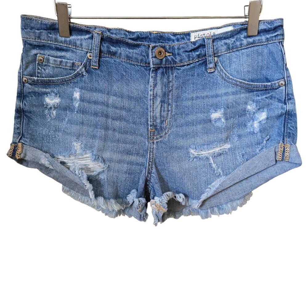 Pistola Distressed Cutoff Denim Shorts Size 28 Mid-Rise Rigid Frayed Hem